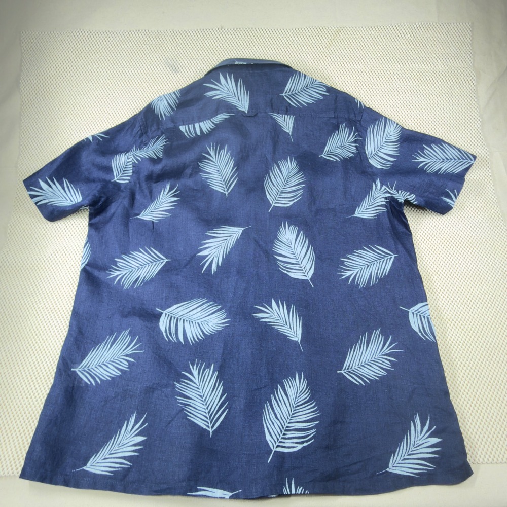 Club Room Luxury Mens XL Blue Linen Tropical Palm Leaf Short Sleeve Button Shirt